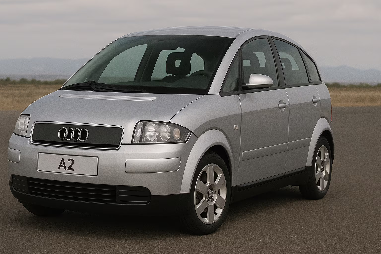 Cockpit eines Audi A2 Baujahr 2005 mit Blick auf das Lenkrad, das Armaturenbrett und die Mittelkonsole.