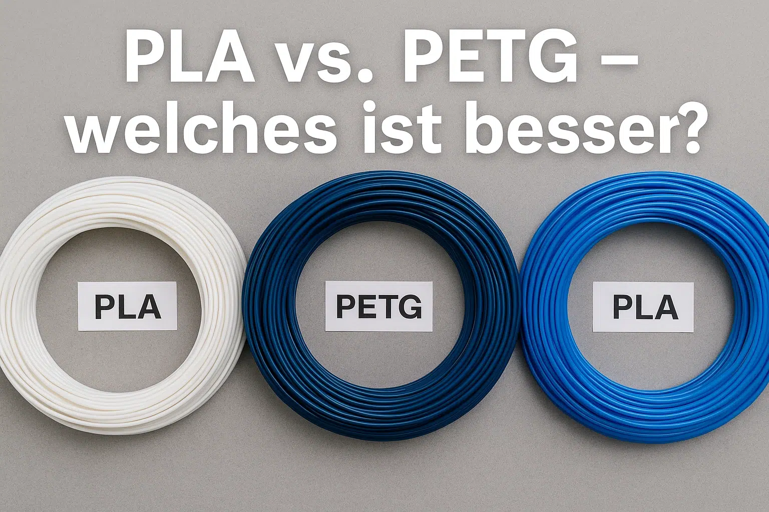 vergleich pla vs petg filamente drei spulen auf grauem hintergrund 3d druck material unterschiede