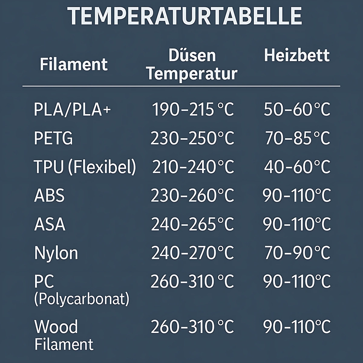 3d druck filament-temperaturtabelle übersicht düsentemperatur und heizbett für pla petg tpu abs asa nylon pc carbon