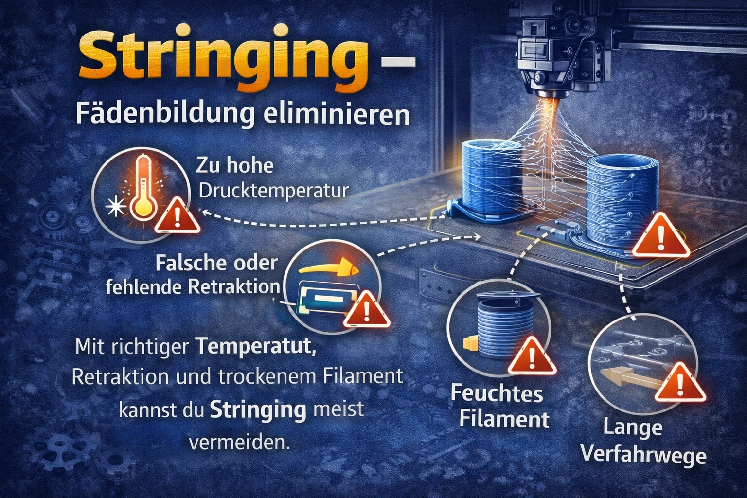 stringing 3d druck fädenbildung vermeiden retraktion temperatur feuchtes filament